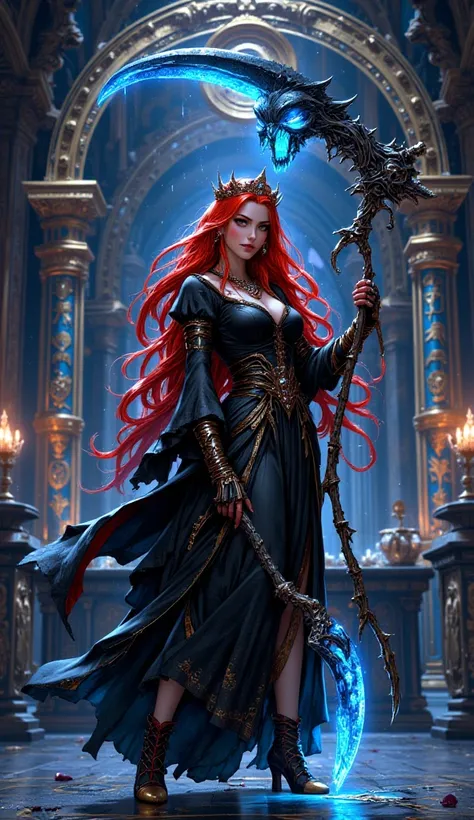 Anime A beautiful princess,  wearing a redhead black shirt,  wearing jeweled shoes and fairy-like crowns, standing in front of an altar full of symbols,  against the backdrop of majestic buildings, Weapon wielding Grim reaper schythe with woman's face look...