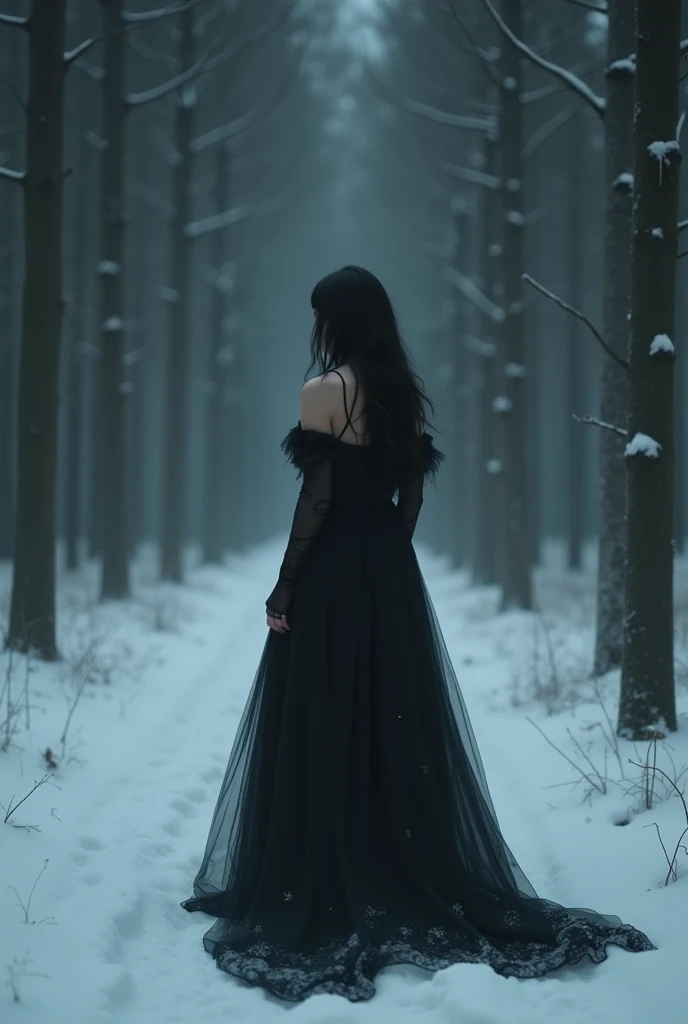 there is a woman standing in the snow in a black dress, dreamy and ethereal and dark, a still of an ethereal, woman in a dark forest, beautiful with eerie vibes, beautiful lonely girl, dark and ethereal, dreamy atmosphere and drama, a lonely woman, atmosph...