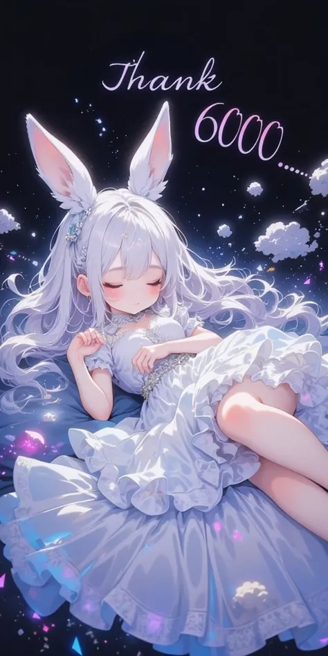 beautiful solemn text written "thank 6000". ((cute and kawaii rabbit girl lying down eternally sleeping in happy dream, long white hair and fluffy rabbit ear, transparent very white frilly dress embroidered delicately). at very unreal place as beautiful he...