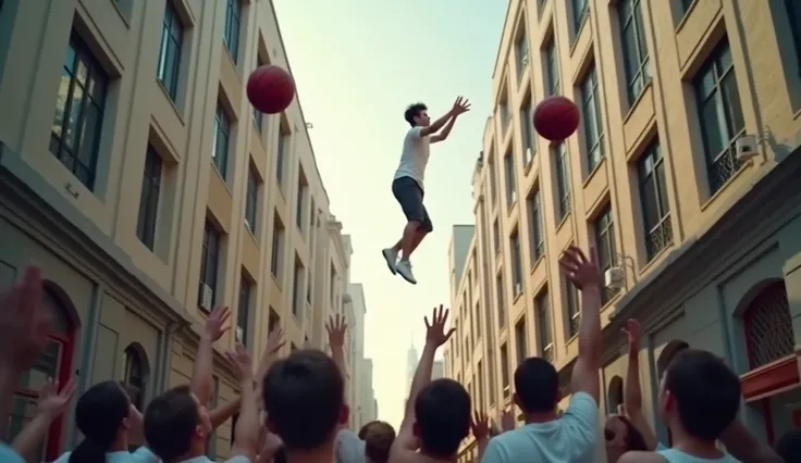  a person dressed in white throws red basketballs from a window in a building to some people on the street to people ,  down the balls hit the chests of people on the street , and some of them raise their hands to catch balls ,   hyperrealistic, 4k