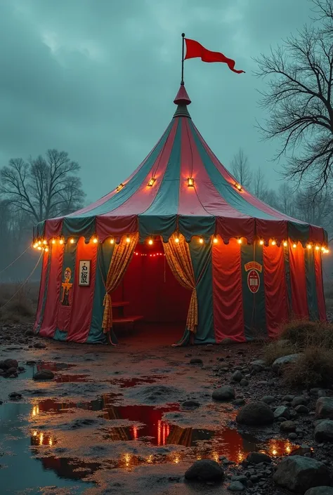 Create a photo that is a post-apocalyptic environment with a carnival or circus theme that has the tents with vivid colors and that has a biker theme but that there are no characters, make the tent just one that can be seen from the front on a countertop t...