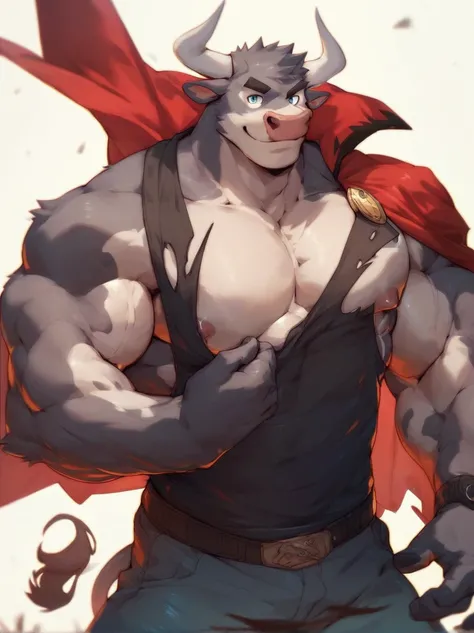 ox，cattle，furry, strong, muscular, pectoral muscles, simple background, blacksmith's work clothes,red cape, proud smile, show off muscles,nipple