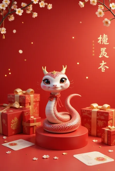 Cute Chinese snake with red gift boxes and calendar, golden text "Happy New Year 2025", light yellow plum blossoms, cartoon style, red background, New Year's atmosphere, graphic design poster art, bold lines, high-contrast shadows, 3D rendering, high resol...