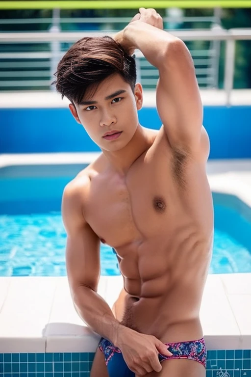 เด็กชาย ใส่กางเกงใน sexyสีม่วงอ่อน, Full image,  quiff haircut , Look at the camera,  Face Detail, Manly, Bad boy,  pool background, ท่า sexy,   Perfect Anatomy,  symmetrical body , เด็กชายชาวAsia อายุ 19 ปี,  not wearing a shirt ::  High Detail, Asia,  se...