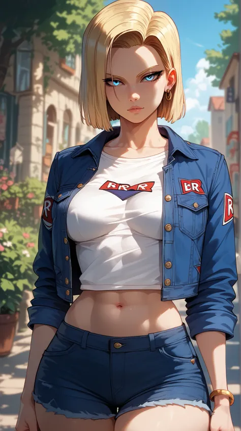 Android 18 style,  perfect eyes,  perfectly sexy face, ultra detailed,  ultra perfect eyes ,  big beautiful woman , standing, dark blue shorts, Body,  looking at the spectator ,