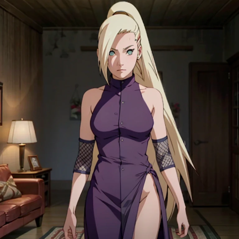 Yamanaka Ino (NARUTO), Large Breasts, Long Blonde Hair, Light Blue Eyes, Ponytail, Height 165cm (5'4"), Naked See-Through dress, Living Room