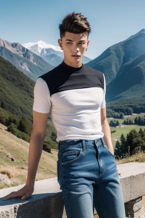 (masterpiece, best quality:1.3), realistic, perfect eyes, perfect hands, (1man 21 years old), short hair, (Faux Hawk:1.3), (wearing a black top), blue denim jeans, mountain background, battle field, looking at viewer