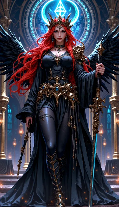 Anime A beautiful princess,  wearing a redhead black shirt,  wearing jeweled shoes and fairy-like crowns,  has black wings ,  standing in front of an altar full of symbols, against the background of magnificent buildings,  holding weapons Grim reaper schyt...