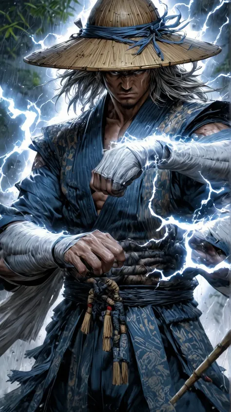 "Raiden,  of Mortal Kombat ,  represented in an extremely detailed CG scene , official style, masterpiece-quality , I&#39;m 8k.  Raiden is standing in an imposing fighting posture ,  casting a thunder spell with a serious expression  (1.2).  His figure is ...