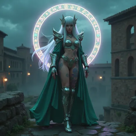 - Photorealistic with perfect details, Cinematic, Masterpiece, HD, Sexy CGI.

- Beautiful "Spanish" woman, Blackish White hair,
Skin full of colorful tattoos, expressive.

- Wearing a costume ("Full Sexy Armor"), a costume that embodies the form of "Aquila...