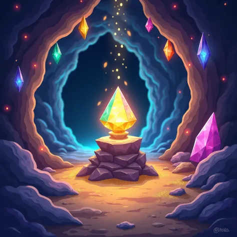 "A whimsical cartoon-style scene of a magical cave with glowing crystals lining the walls and ceiling, casting soft, colorful light throughout. The cave floor sparkles with golden dust, and in the center, a large jewel radiates a bright, magical glow, sitt...