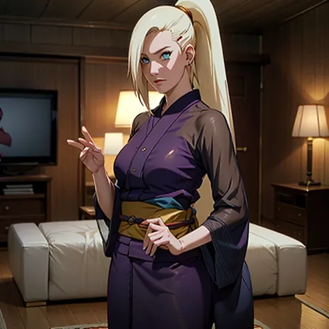 Yamanaka Ino (NARUTO), Large Breasts, Long Blonde Hair, Light Blue Eyes, Ponytail, Height 165cm (5'4"), Naked See-Through Kimono, Living Room