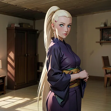 Yamanaka Ino (NARUTO), Large Breasts, Long Blonde Hair, Light Blue Eyes, Ponytail, Height 165cm (5'4"), Naked See-Through Kimono, Living Room