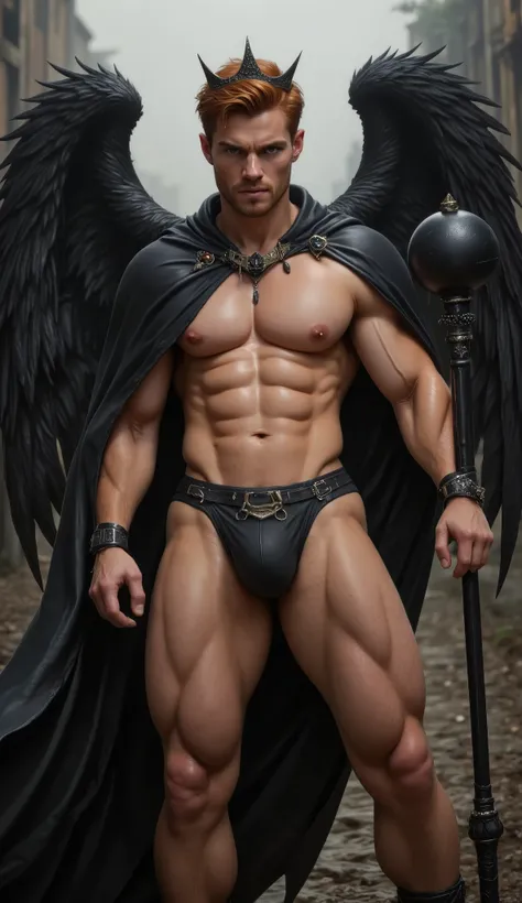 High definition, 8k, hyperrealistic, Masterpiece. A red-haired man, handsome and manly, short hair short on the sides and long in the back, intimidating look and series, has a black crown with shiny crystals. He has giant black angel wings, wears a black l...