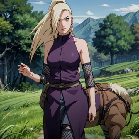 Yamanaka Ino (NARUTO), Large Breasts, Long Blonde Hair, Light Blue Eyes, Ponytail, Height 165cm (5'4"), Naked See-Through Armor, Field