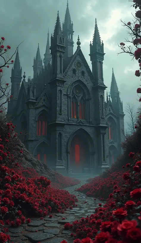 Dark Fantasy Cathedral in ruin surrounded by roses