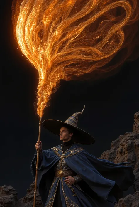 (photorealism:1.2), (photorealism:1.2), photo of a young handsome man, a busts of fire sparks came out of his wooden staff, fire magic , outdoors, to point a staff at the enemy, deep azure blue wizard robe, deep azure blue witch hat, jet-black turtleneck s...