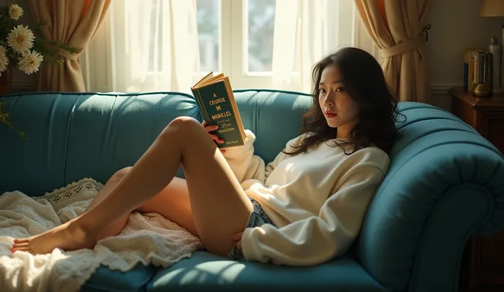 a day room ,  drenched in the night of passionate elegance ,  cradles a Korean woman in her baroque embrace .  Adorned with a casual Korean sweater and shorts to sleep,  holding a book " A Course in Miracles"   that whispers tales of exquisite tenderness ,...