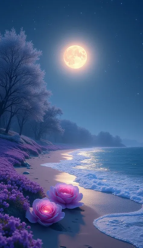 A serene moonlit beach scene at night, with soft waves sparkling like golden stardust under the bright, glowing full moon. The beach is lined with vibrant purple flowers and two large, delicate rose-shaped objects resting near the water’s edge. The trees a...