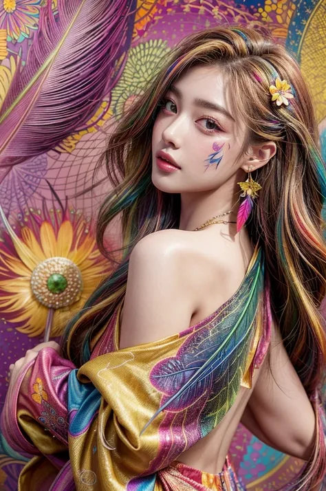  top quality 、 top quality 、Formal Arts、Beautiful, beautiful:1.2)、( 1 girl :1.3)、 small breasts、 bare shoulders 、 golden hair、เครื่องประดับขนนกcolorสดใส、色のflower、particle、  Ray Stars Light Pieces  、 Highly Detailed Women  、( Fractal Art :1.1)、(color:1.1)(f...