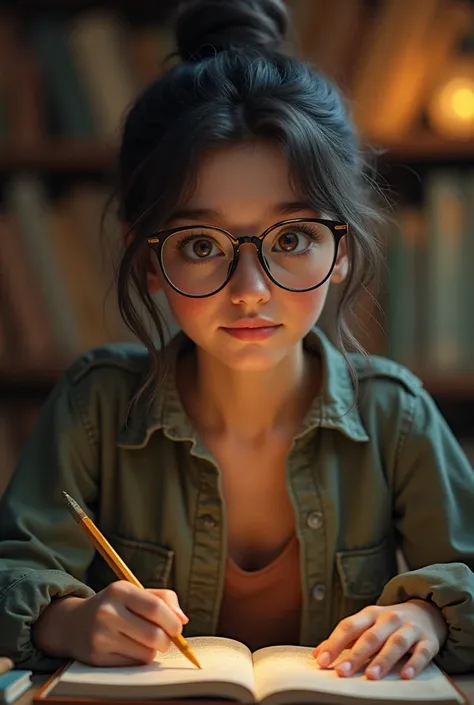  A young storyteller, What a nerd and a scholar look ,  herself wearing glasses 