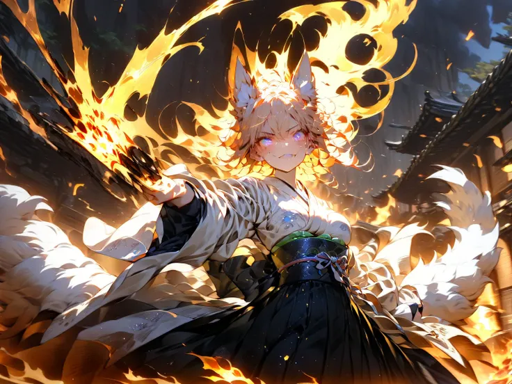 ((((masterpiece)))), anime coloring,Japanese anime,((((Best Quality)))), ,  ,(action),High resolution,fine grain,,Detailed face, Fox Girl,狐の耳,Wearing a kimono,hakama,Beautiful Skin、Beautiful and sophisticated eyes、氷,,雷,fire,xss