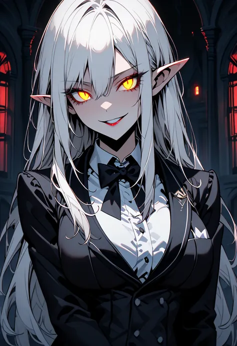  alone, female, sfw, medium plan, butler,  pointy ears,  long white hair ,  golden eyes,  split pupils,  slightly glowing eyes: 0.5,  big boobs, butler pose,  sinister smile, mansion, night,  bow tie , elegant