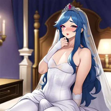 best quality, amazing quality, very aesthetic, absurdres,
1Femboy, mature Femboy, solo, long hair, blue hair, pink eyes, pink eyeshadow, pink blush, red lips, wedding dress, bedroom, royal bedroom, night, male chest, bulge penis under wedding dress,