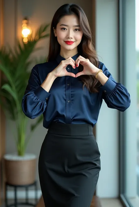 ＡJapanese woman with a very beautiful beauty like an actress
This image showcases a poised and professional look, with the model styled in a sophisticated outfit suitable for formal or semi-formal settings. She is wearing a satin navy blue blouse with a bo...