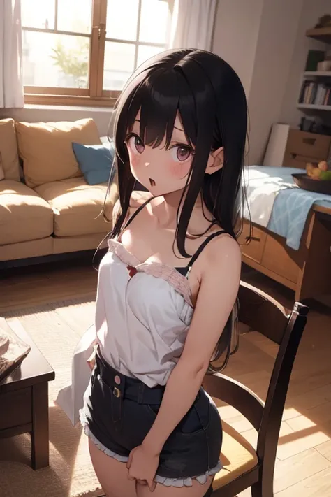 Inside the house、 living room 、 camisole、 frill shorts with long waist-length hair、blush、anxiety、Open your mouth、 black hair、Dull hair、 long hair to the waist、 Unkempt Hair、Hunchback、 troubled face、 High Quality 