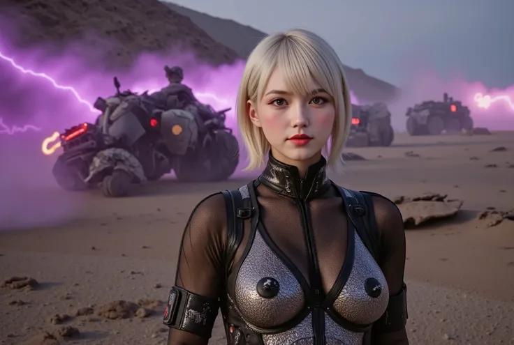 (((night:1.5))),  1 young woman ,  science fiction ,  complex background,punk, Mad Max,  future, post-world,  dark, 薄 dark光, (masterpiece:1.2),  more details, ( photorealistic:1.37),  high resolution, 超 high resolution,  she has short white hair ,  profess...