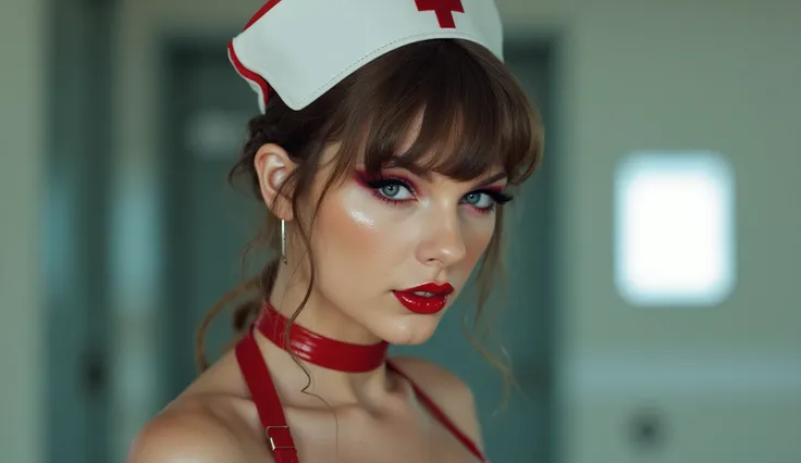 a nurse wearing a latex uniform, she is wearing red lip gloss, latex, kinky latex, latex choker, nurse hat, deep red lip vinyl gloss, extreme thot egirl makeup