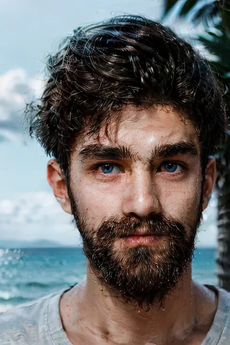  a young boy of fifteen years old with blue eyes and a beard, on a beach with sunglasses ñ 