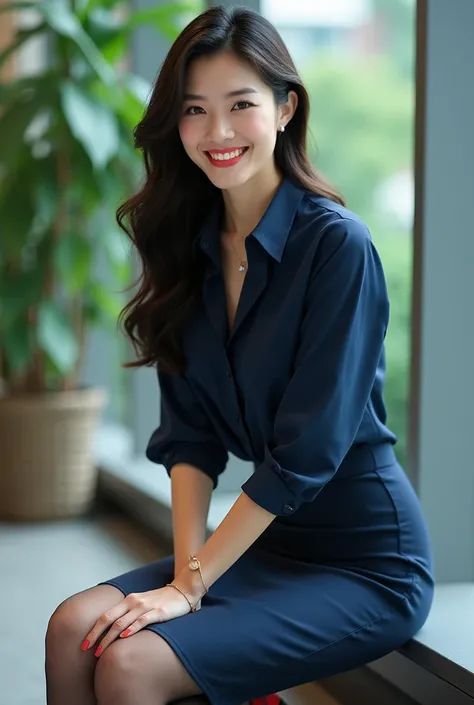 ＡJapanese woman with a very beautiful beauty like an actress
This image presents a sophisticated and approachable professional style, with the model dressed in a sleek ensemble. She is wearing a rich, satin-finished navy blue blouse, paired with a form-fit...