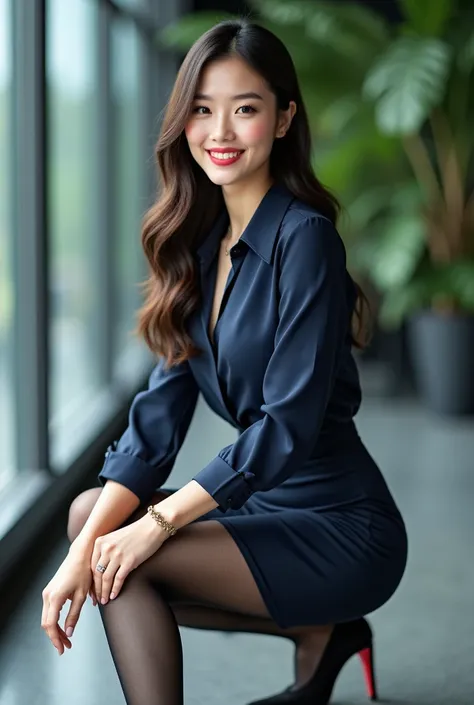 ＡJapanese woman with a very beautiful beauty like an actress
This image presents a sophisticated and approachable professional style, with the model dressed in a sleek ensemble. She is wearing a rich, satin-finished navy blue blouse, paired with a form-fit...