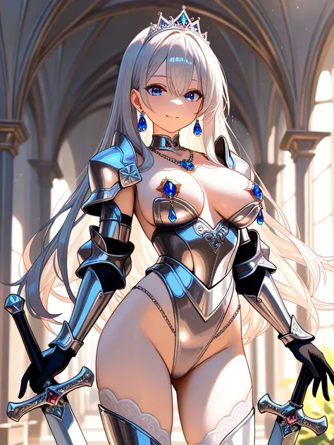 whole body standing、Jewel on the nipple 、Small Ass、whole body、 adult woman、 female swordsman、female knight、Metal Armor、Armor with a lot of exposed skin、 holding a sword 、whole body、 standing、 bright room,　 adult sex appeal、Older sister、 so delicate and bea...