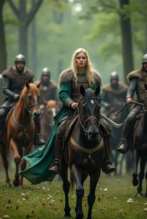 Imagine a blonde Viking woman ,  in a battle where she is the only woman fighting for her life in the midst of several Viking enemies in a forest setting with lots of trees , flowers and birds,  knights riding their horses dressed as green-eyed Vikings 