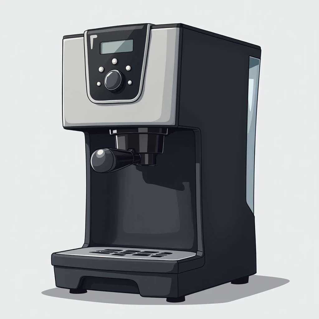 A style of cartoon portrait of a modern coffee maker with a sleek black and silver design,and  featuring with a digital display. The feature of the illustration is smooth and clean finishing and gray background.