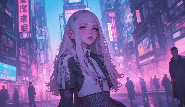  best quality　Ultra delicate　Japanese anime anime　 one pretty girl　Pink light　blue-purple scenery 　 The downtown area of the future　Strong shadows 　 strong contrast 　 cyberpunk