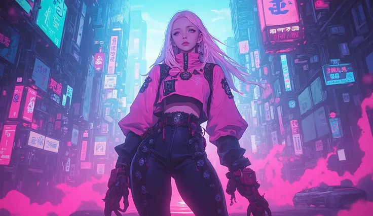  best quality　Ultra delicate　Japanese anime anime　 one pretty girl　Pink light　blue-purple scenery 　 The downtown area of the future　Strong shadows 　 strong contrast 　 cyberpunk