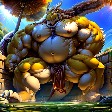 shendu, eastern dragon king, male dragon, eastern dragon, very big muscles, hulking, huge body,  extremely strong, big abdominal muscles, hefty musclegut, pecs, muscular dad body, Strong and robust musclegut , strong abs, sharp claws, legs, dragon feet cla...