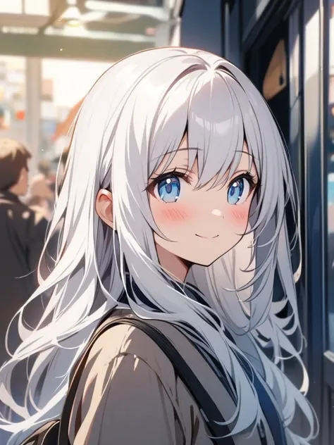  a girl, Alone,  long hair,  looking at the spectator,  smile, blush,  blue eyes,  closed mouth ,  white hair , 