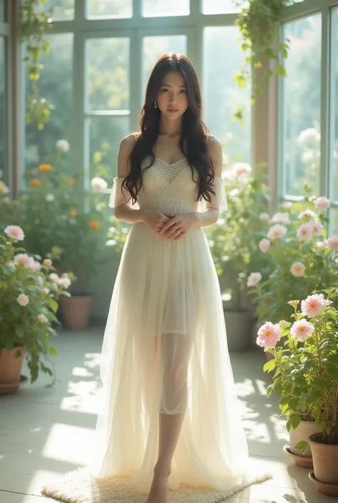 ＡJapanese woman with a very beautiful beauty like an actress
This photograph depicts a young woman exuding elegance and charm in a soft, pastel-colored room filled with greenery and natural light. The central subject of the image is a model dressed in a fl...