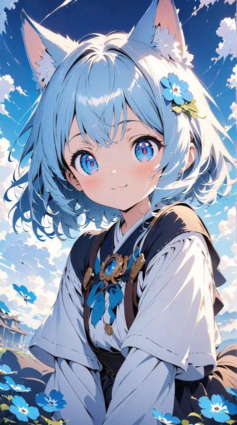 (masterpiece:1.2), (  top quality :1.2),  super high resolution,  very detailed,  perfect lighting, Nemophila is blooming all over,  fantasy,  is cute ,  Digital Animation Art,  anime style illustrations ,   animated illustration