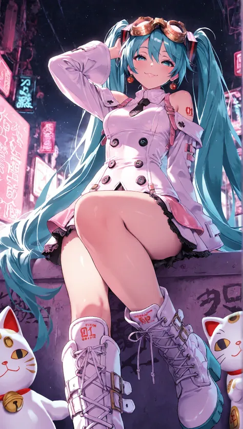  1 girl in the best, Hatsune Miku, Guilty Gear, Winter Night Town ,  tied his lips, bewitching smile, masterpiece,  best quality,   detailed background ,  complicated details, miniskirt,pink futuristic clothes, Long Boots ,Breast,Big goggles on the head, b...