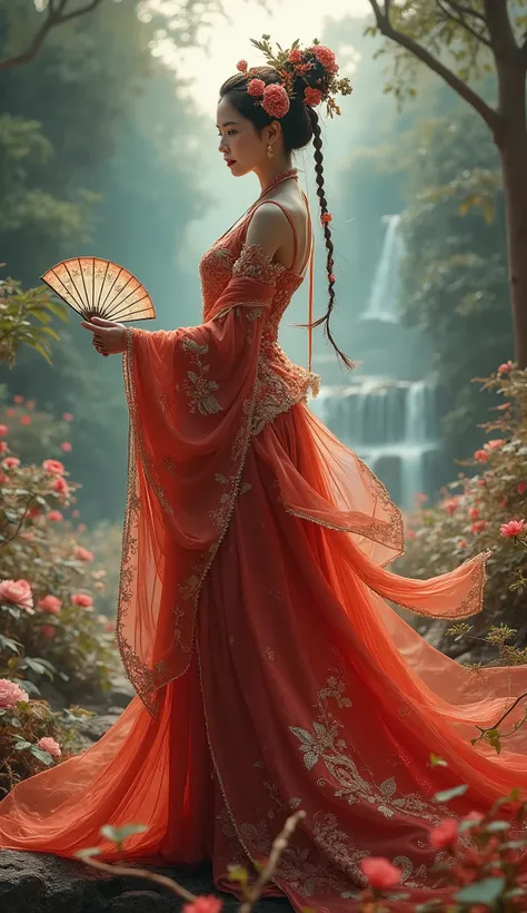 "Create a full-body portrait of the Flower Palace Master, a legendary figure from Chinese wuxia stories. She is a stunningly beautiful woman with an air of elegance and authority. Her flowing gown is crafted from silk in shades of deep crimson and gold, ad...