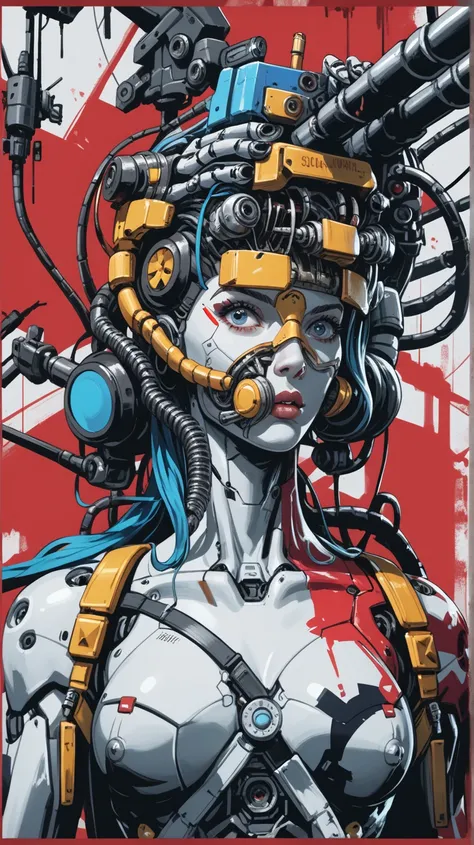 a close up of a painting of a robot with a machine gun, cyberpunk art inspired by Sandra Chevrier, featured on Artstation, shock art, detailed portrait of a cyborg, portrait of a cyberpunk machine, portrait of a mechanical girl, portrait of a cyborg queen,...