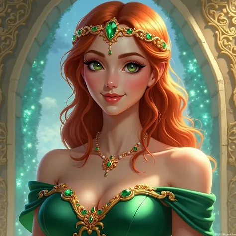 [In semi-realistic digital painting, 2D]
### **Description of Aurelian’s Smiling Bust Portrait**  

- **Expression**: Aurelian’s smile is soft and radiant, her lips gently curved in a way that conveys warmth and grace.  
- **Eyes**: Her emerald green eyes ...