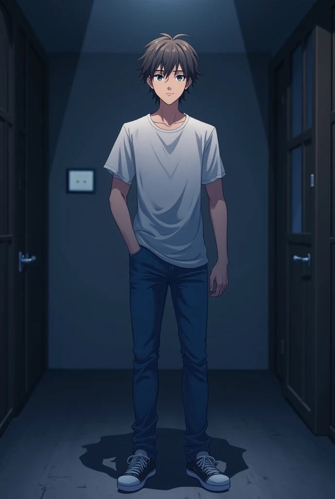 anime friendly young man. it is night the room is minimalistic. The anime must wear whote shirt and blue jeans. He is front facing to the camera, looking straight and centered, central portrait, straight forward, full view, centered looking straight at cam...