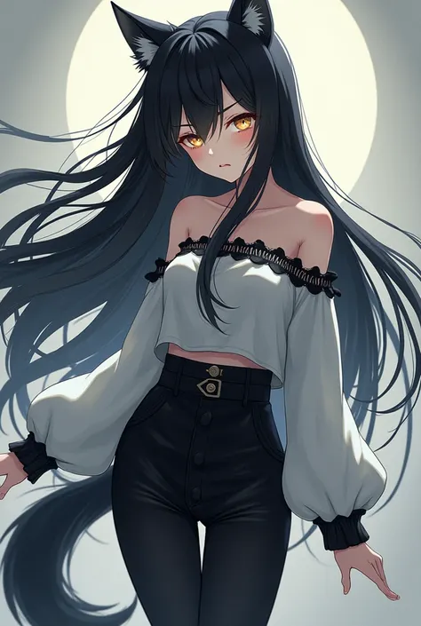 A werewolf girl anime,  fair skin ,  black hair,  golden eyes,  black and white clothes , black and white pants.
